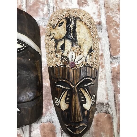 Unique Vintage 2 Handmade Home Wall Decor Carved Wood Face Masks African &Tahiti - Picture 3 of 6